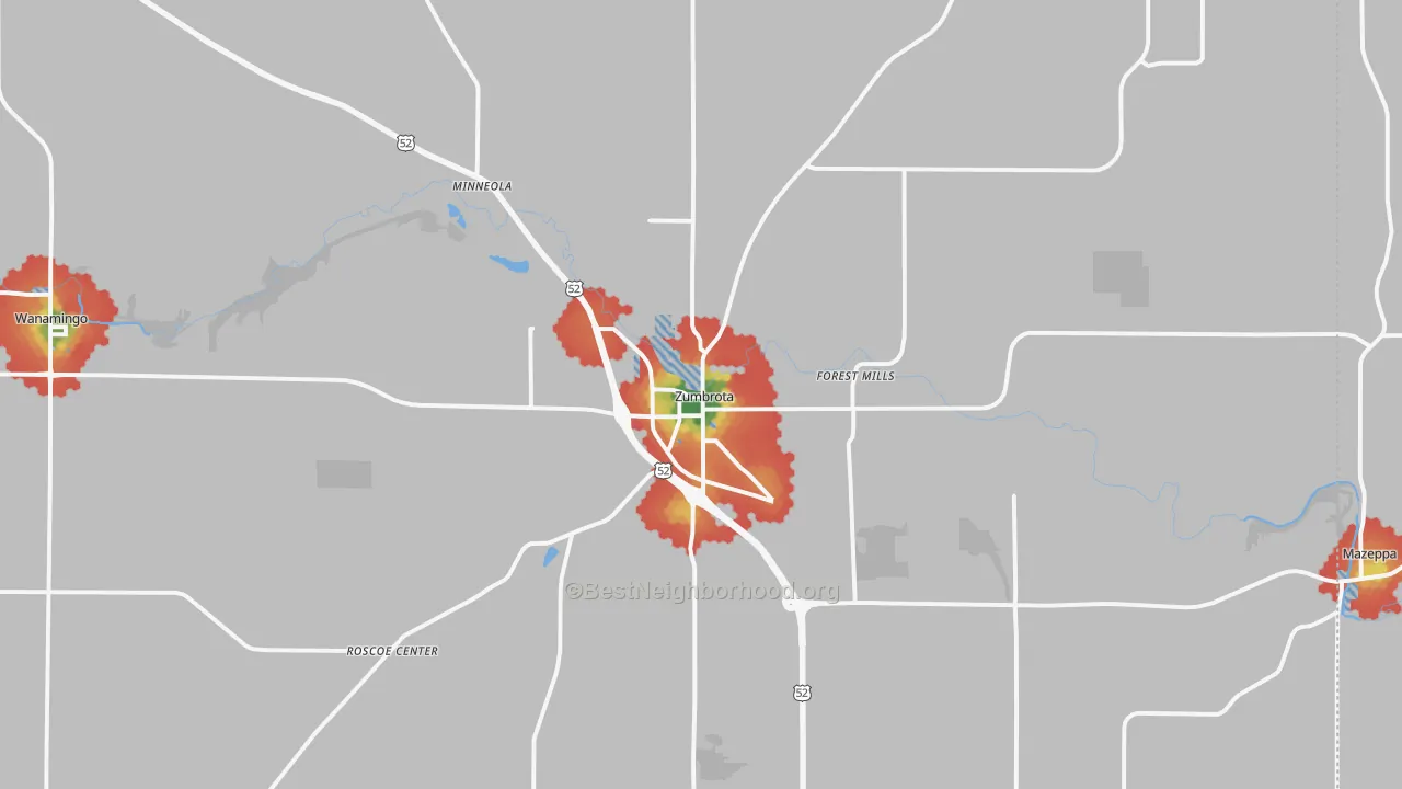 Walk Grade map of Zumbrota, MN, walkable areas in green and car-dependent areas in red
