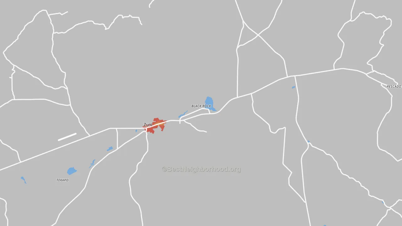 Walk Grade map of Zuni, NM, walkable areas in green and car-dependent areas in red