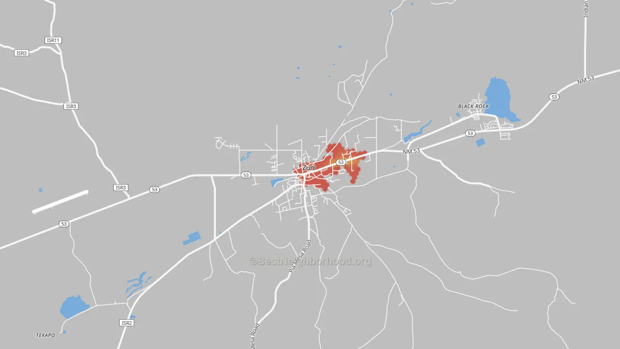 Walk Grade map of Zuni Pueblo, NM, walkable areas in green and car-dependent areas in red
