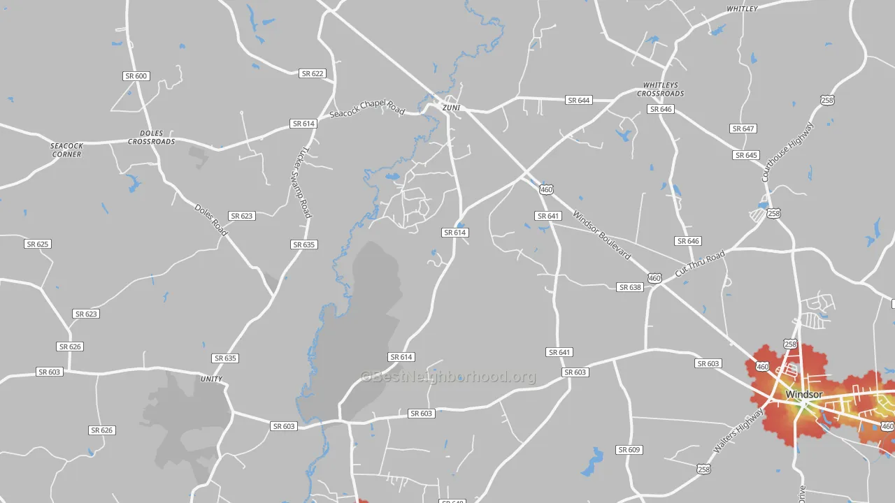 Walk Grade map of Zuni, VA, walkable areas in green and car-dependent areas in red