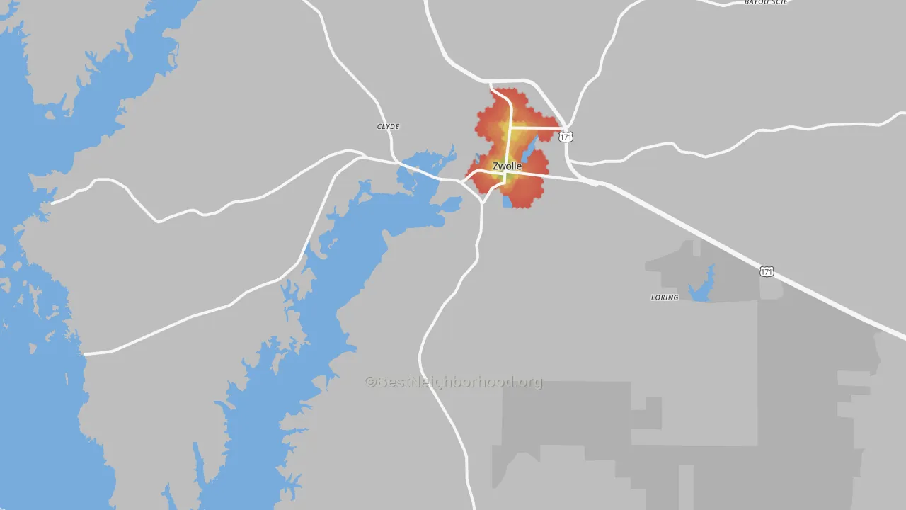 Walk Grade map of Zwolle, LA, walkable areas in green and car-dependent areas in red
