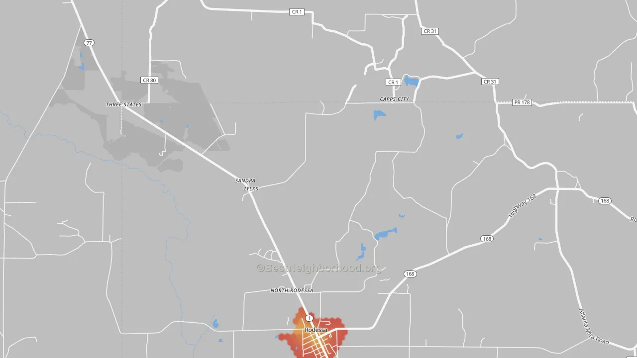 Walk Grade map of Zylks, LA, walkable areas in green and car-dependent areas in red