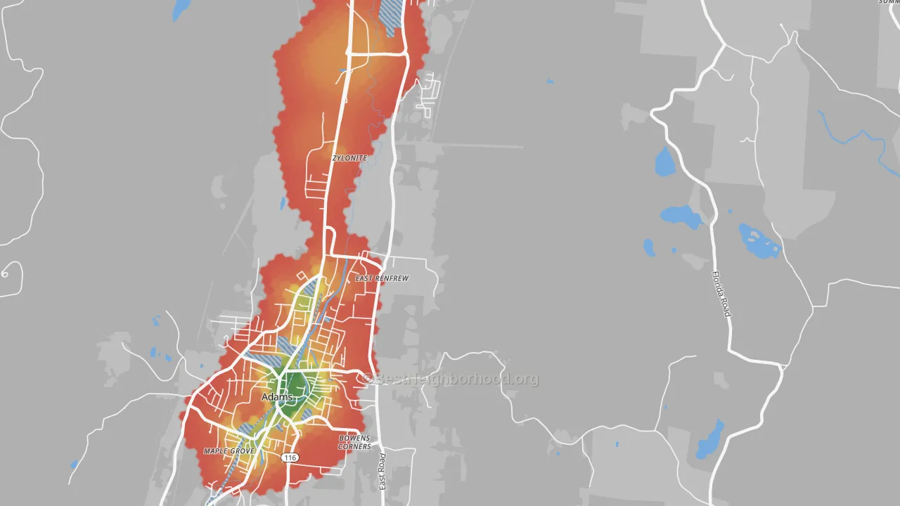 Walk Grade map of Zylonite, MA, walkable areas in green and car-dependent areas in red