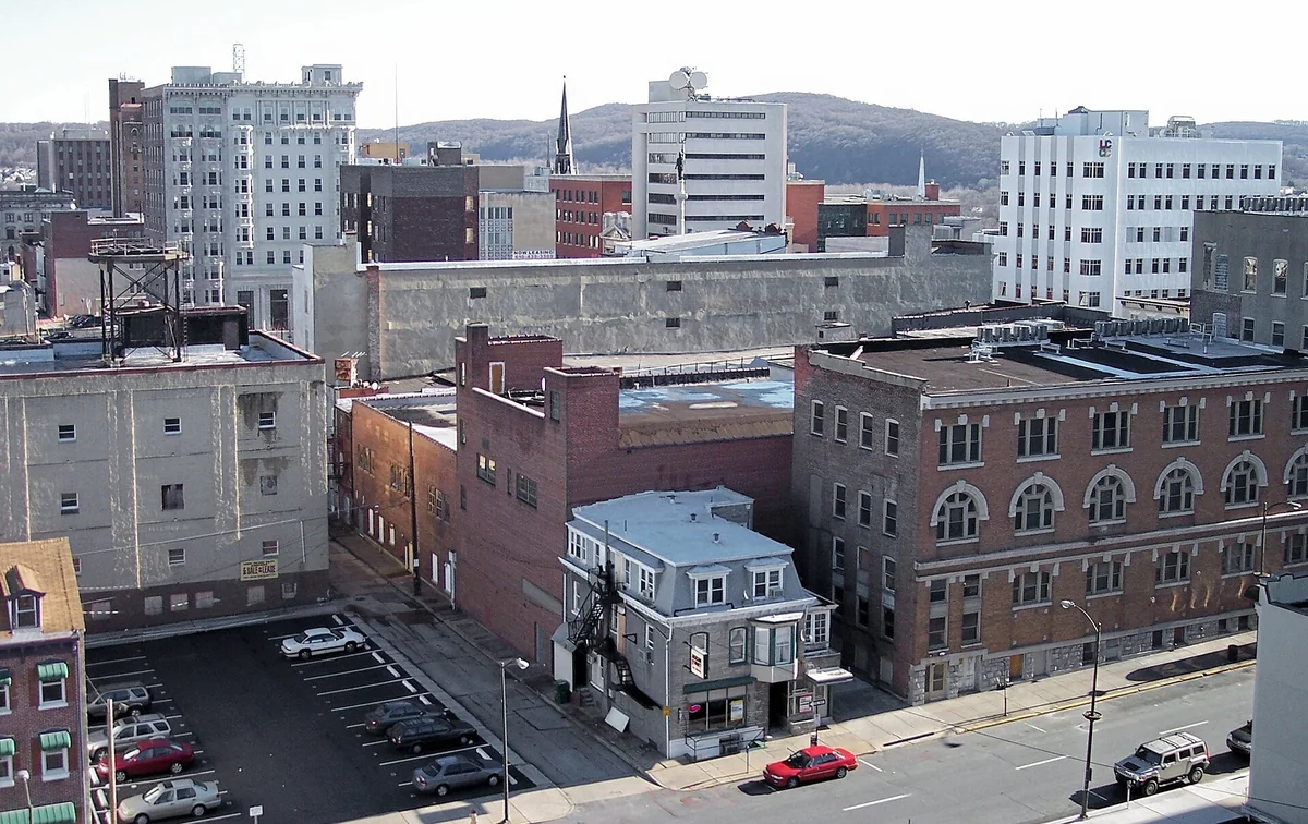 A portion of downtown Allentown, Pennsylvania, as viewed from atop a parking garage on West Linden Street