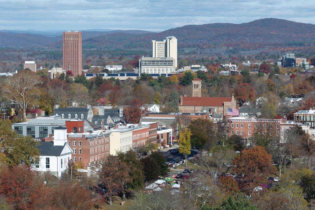 View of downtown Amherst, Massachusetts, taken from above the Amherst College quad