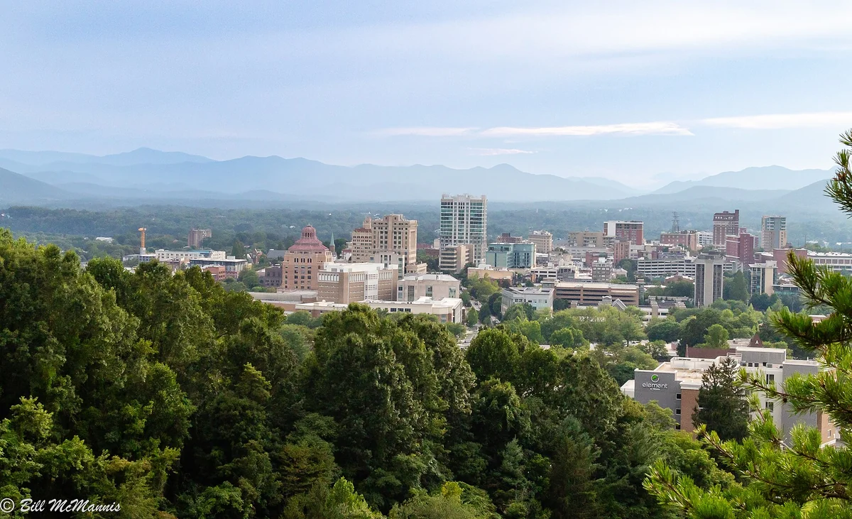 The best view of the City of Asheville skyline is from Beaucatcher Mountain just east of town