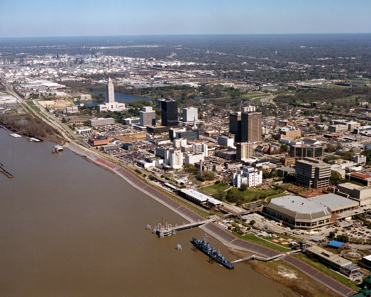 Aerial view of the riverfront area of Baton Rouge, Louisiana, USA