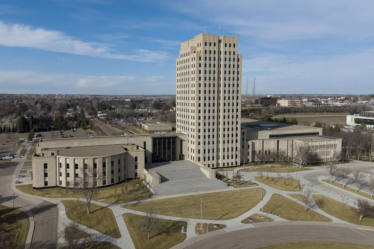 Aerial view of the North Dakota State Capitol in Bismarck, completed in 1934