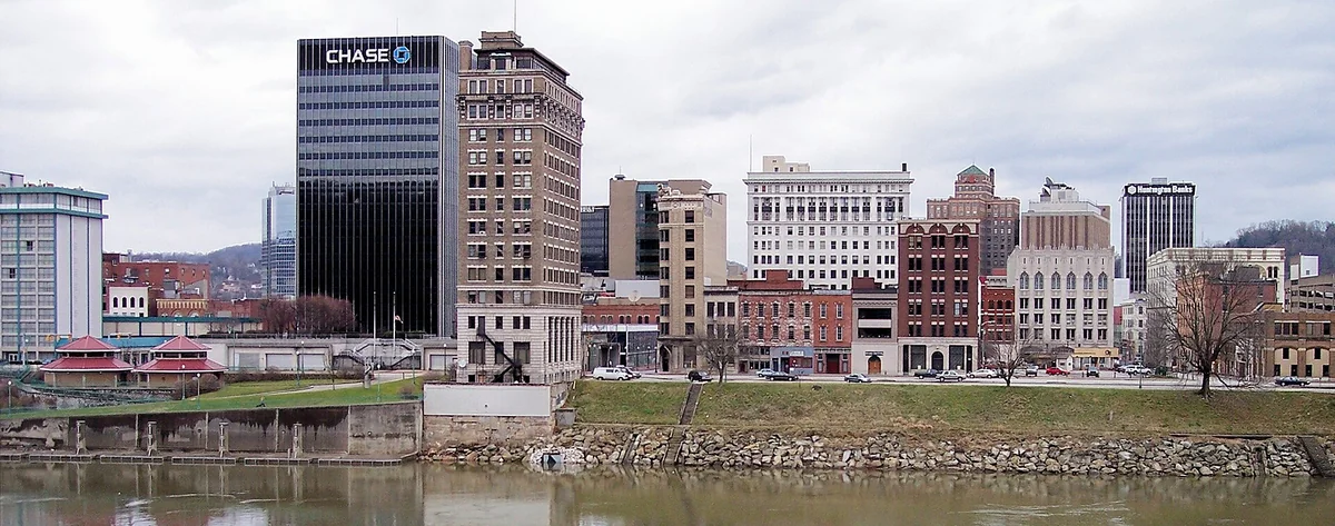 The skyline of Charleston, West Virginia as viewed from the south bank of the Kanawha River