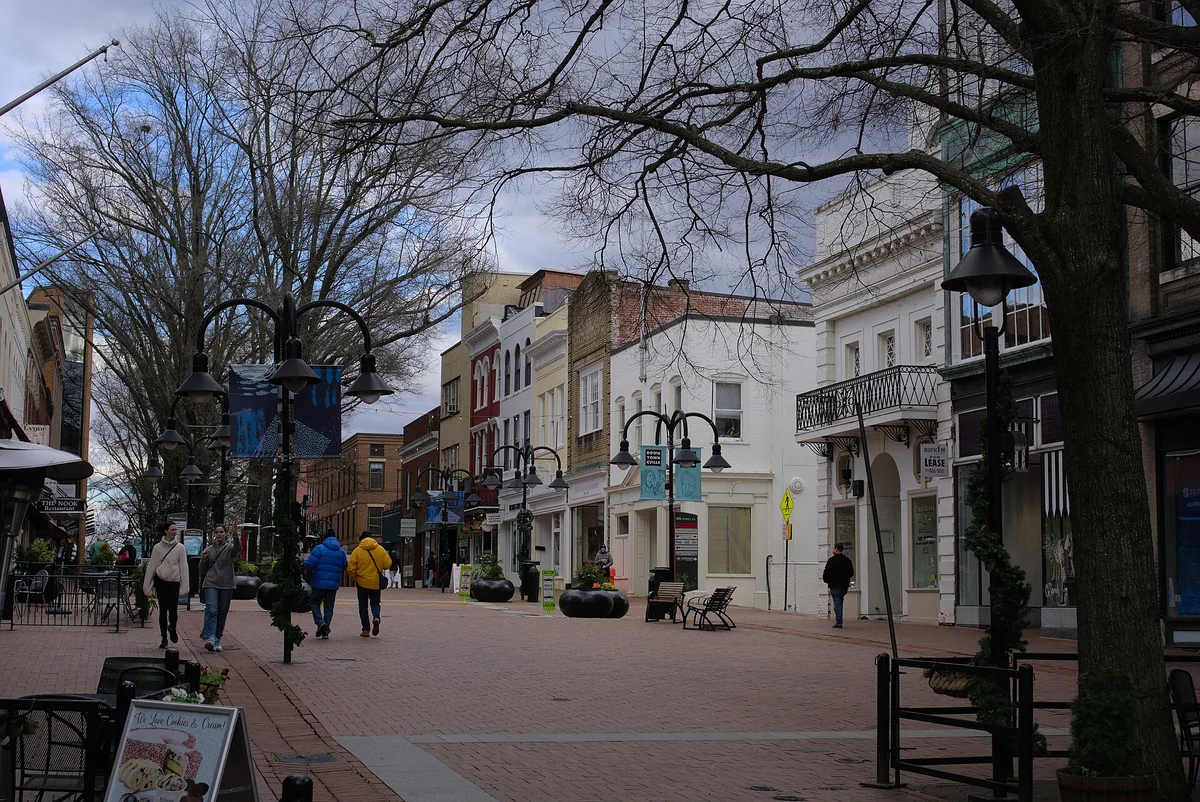 A view of the Charlottesville, Virginia downtown mall, facing east towards the Ting Pavilion, which can be seen in the background