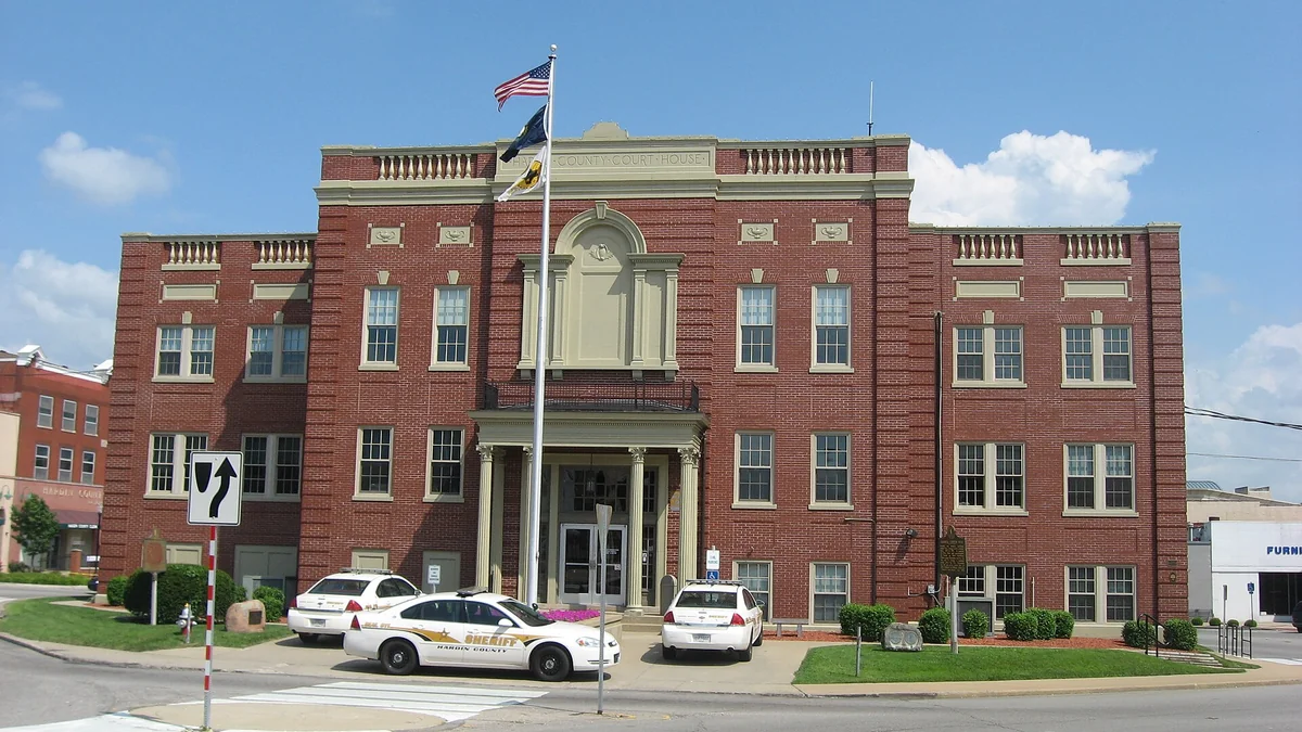Western front of the Hardin County Courthouse, located at the center of Courthouse Square in Elizabethtown, Kentucky, United States