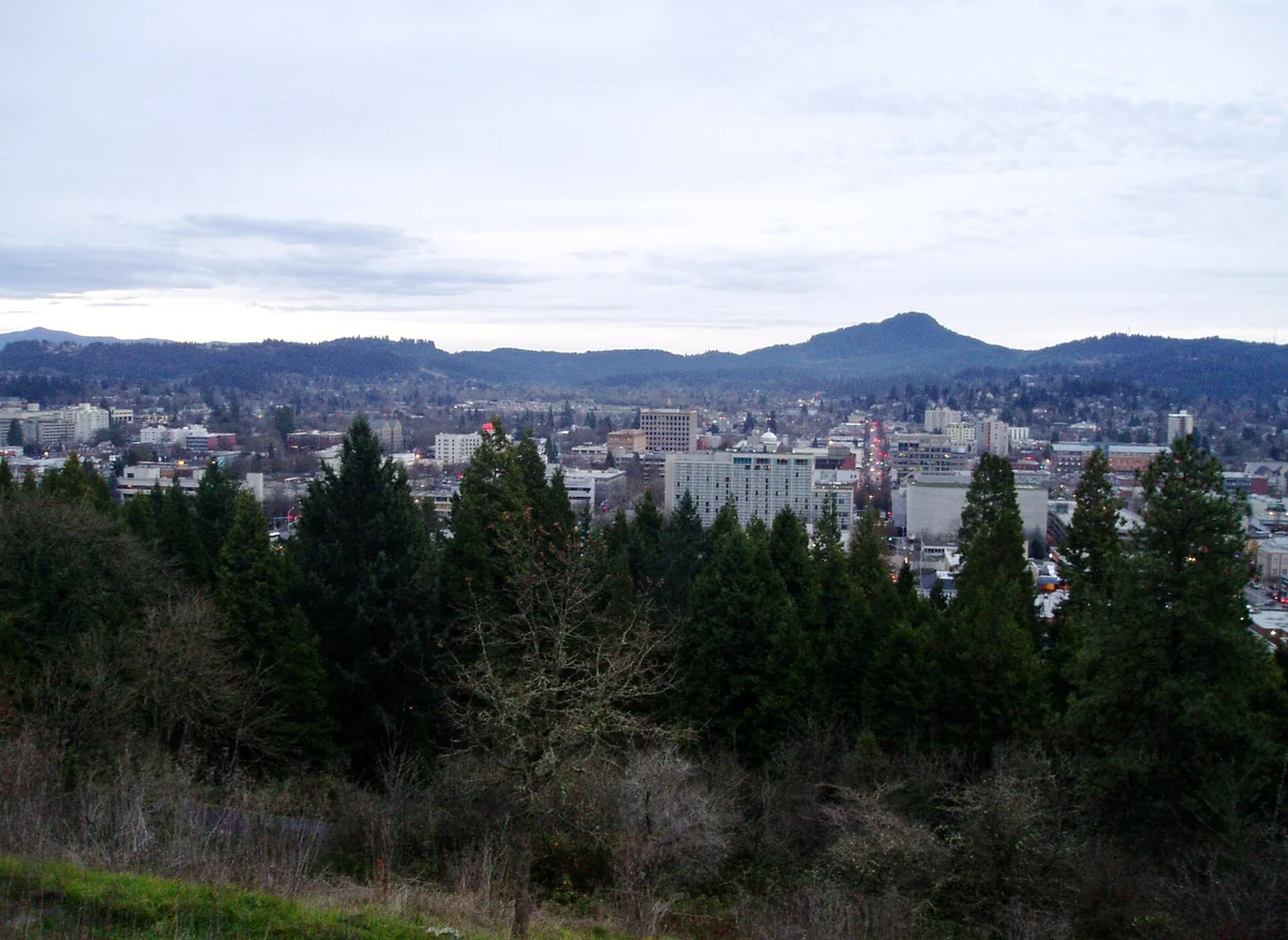 Downtown Eugene's skyline and Spencer Butte as seen from Skinner Butte in North Eugene