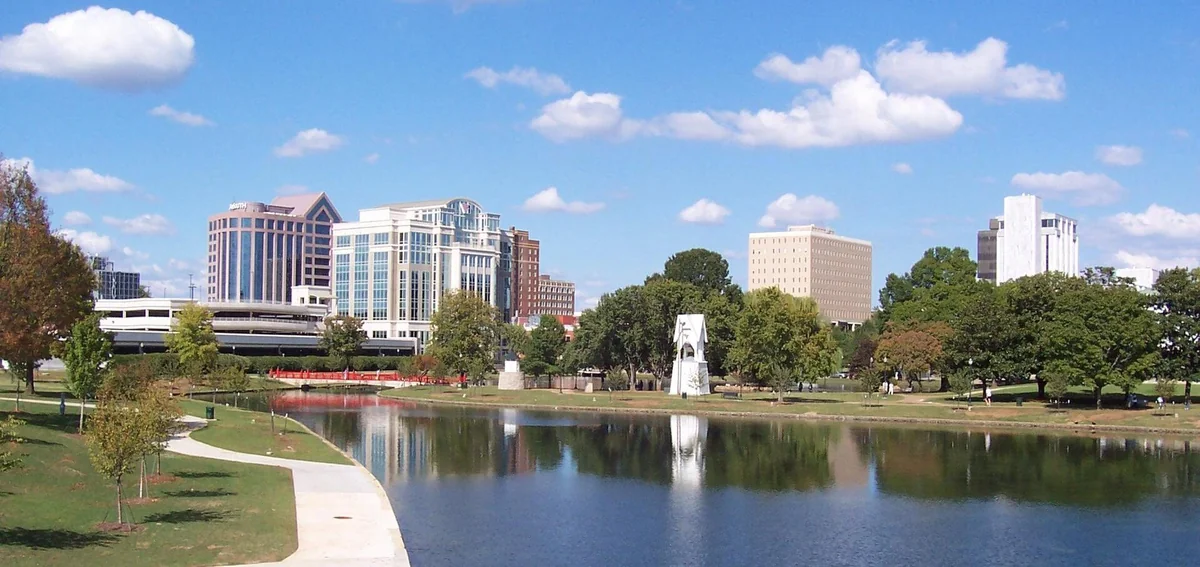 View of downtown Huntsville, Alabama from Big Spring International Park