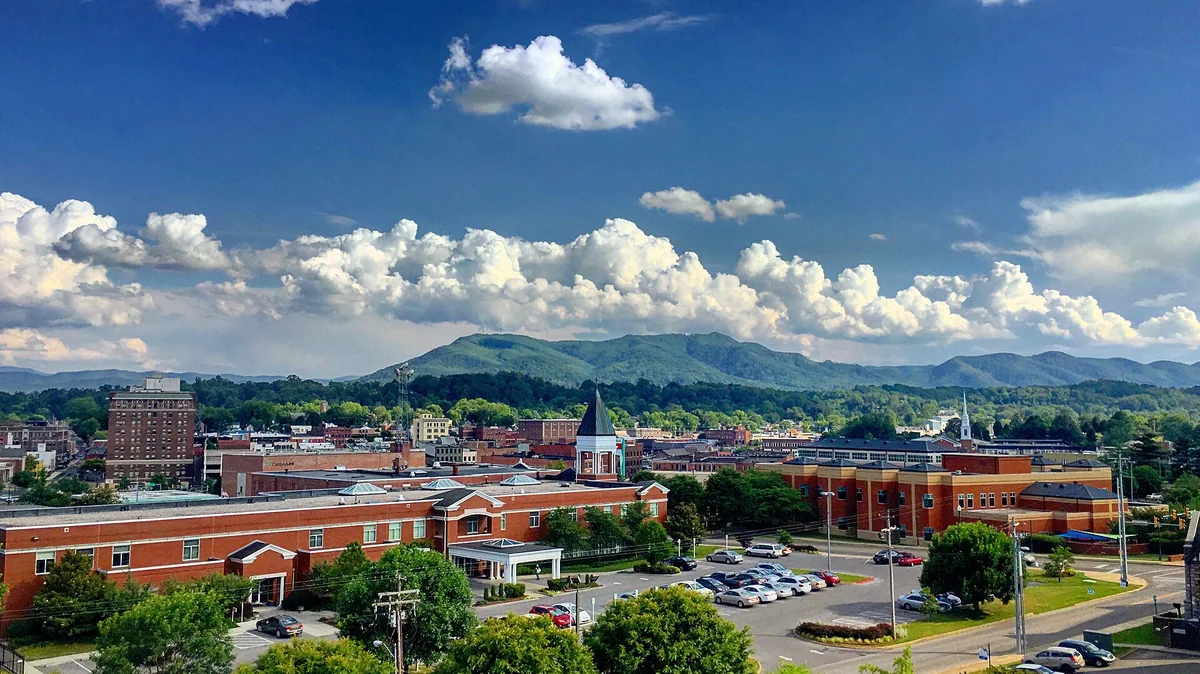 This is a photo of picturesque, downtown Johnson City Tennessee with Buffalo Mountain in the background