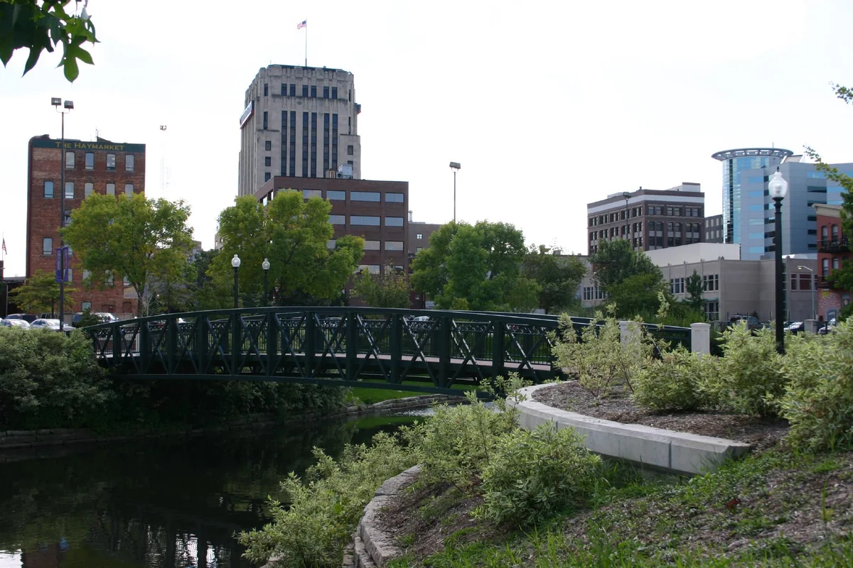 Footbridge in park, in Kalamazoo, Michigan