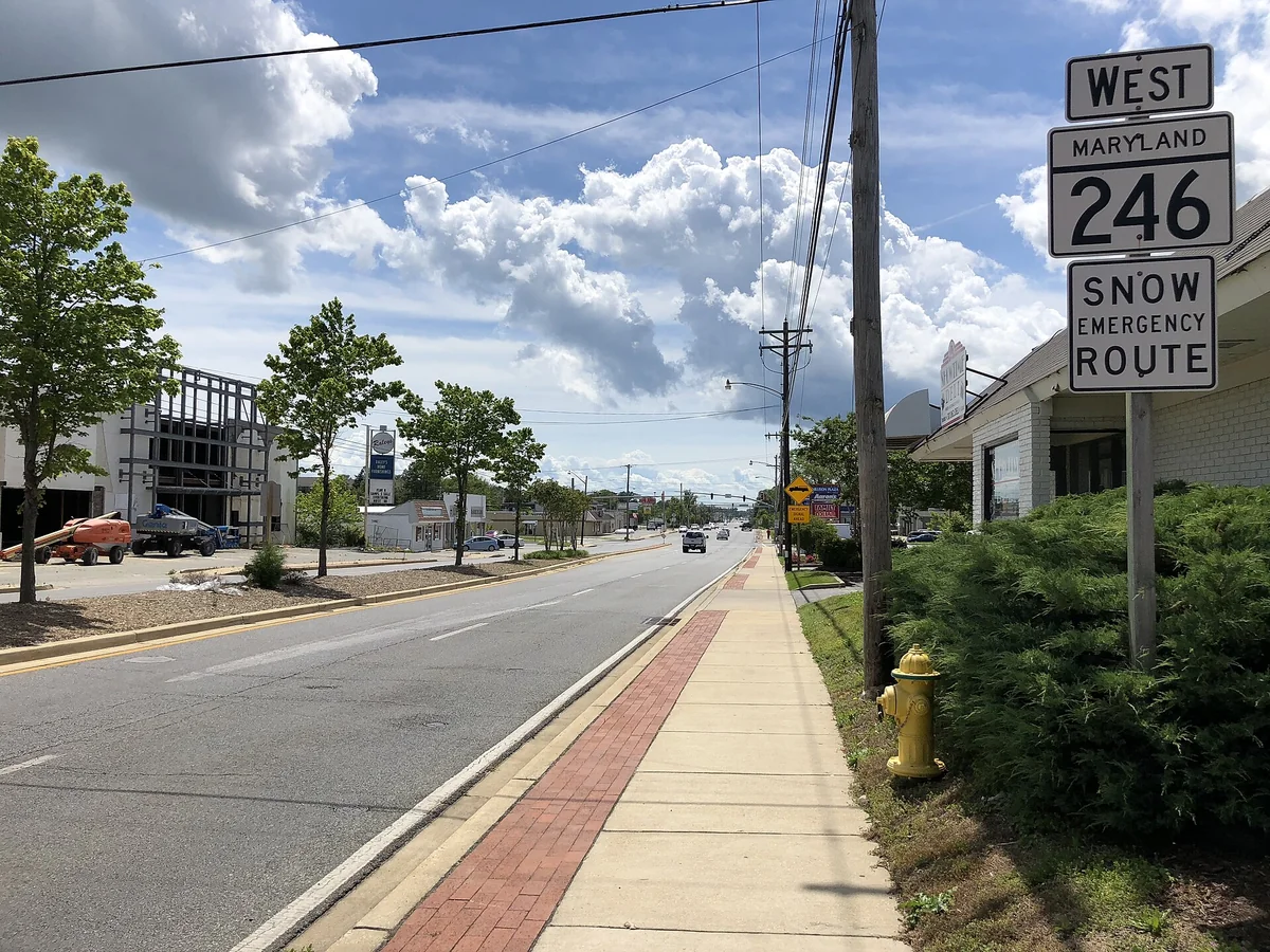 View west along Maryland State Route 246 (Great Mills Road) at Willows Road in Lexington Park, St. Mary's County, Maryland
