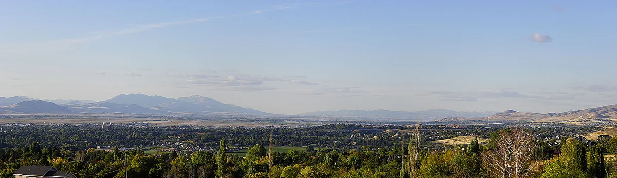 A panorama look over Logan, Utah and Cache Valley, taken from the eastern benches