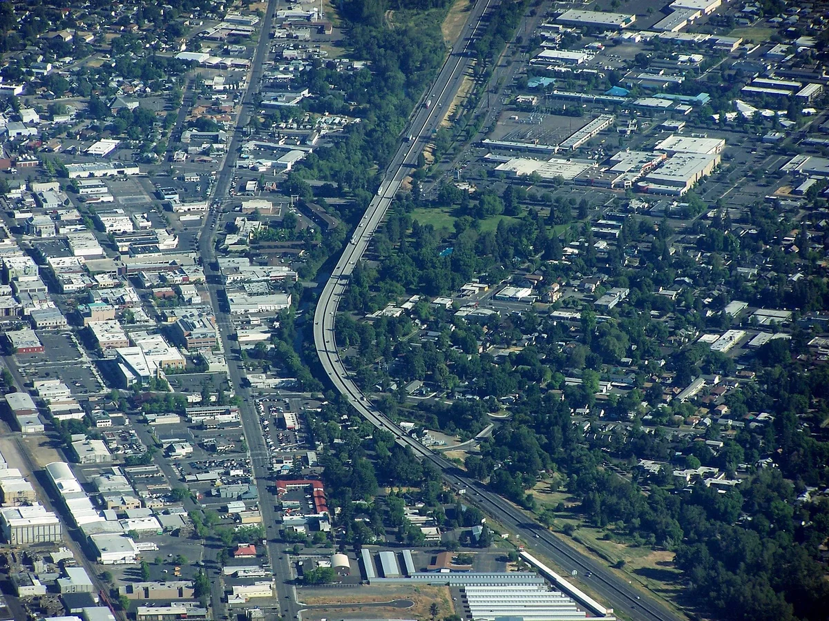 Interstate 5 traveling over a viaduct in Medford, Oregon