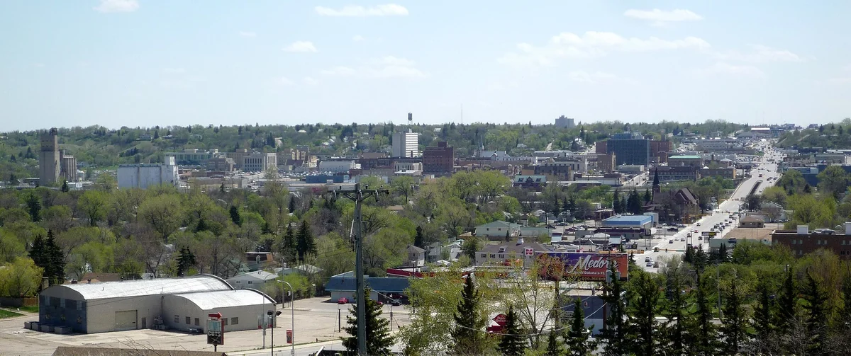 View of downtown Minot, North Dakota, USA from the hill below the Grand International Inn