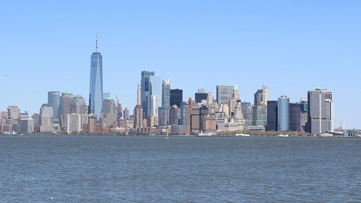 The skyline of Lower Manhattan, New York, seen from Liberty Island
