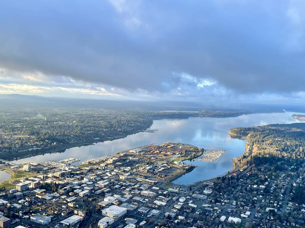 Looking Northwest over Olympia, WA. The clouds are obscuring the view of the Olympic Mountains