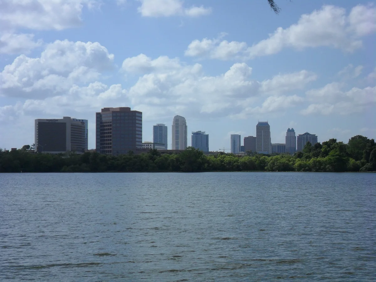 Skyline of Orlando, Florida, as seen from Lake Ivanhoe, looking southeast