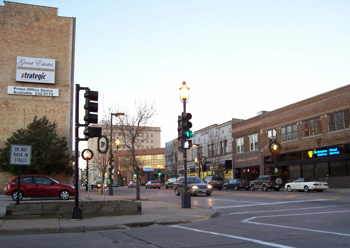 Looking northerly at downtown Oshkosh, Wisconsin, USA at Main Street which is U.S. Highway 45. Cropped from the original