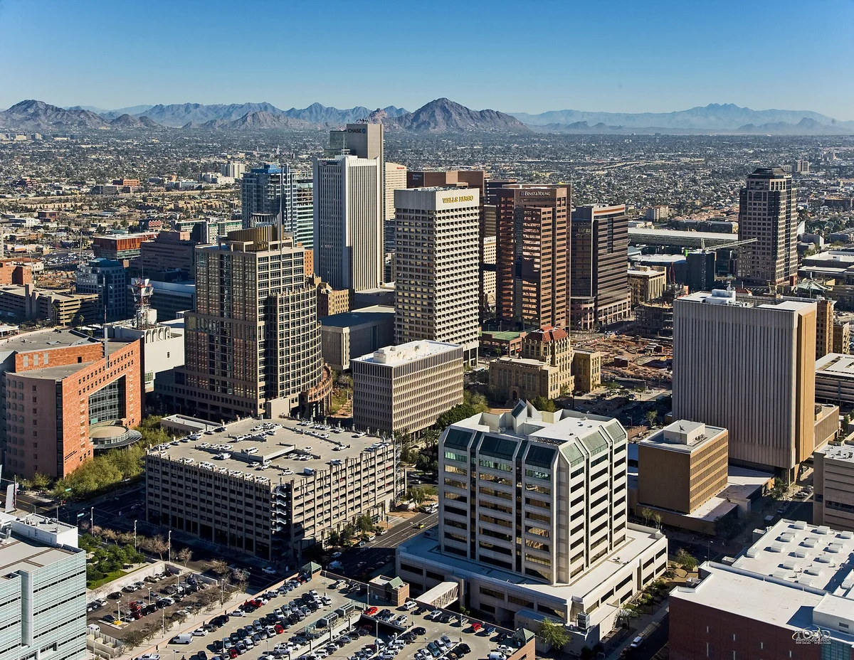 Skyline view of Phoenix — looking northeast from a helicopter, from above the 4th Avenue Jail