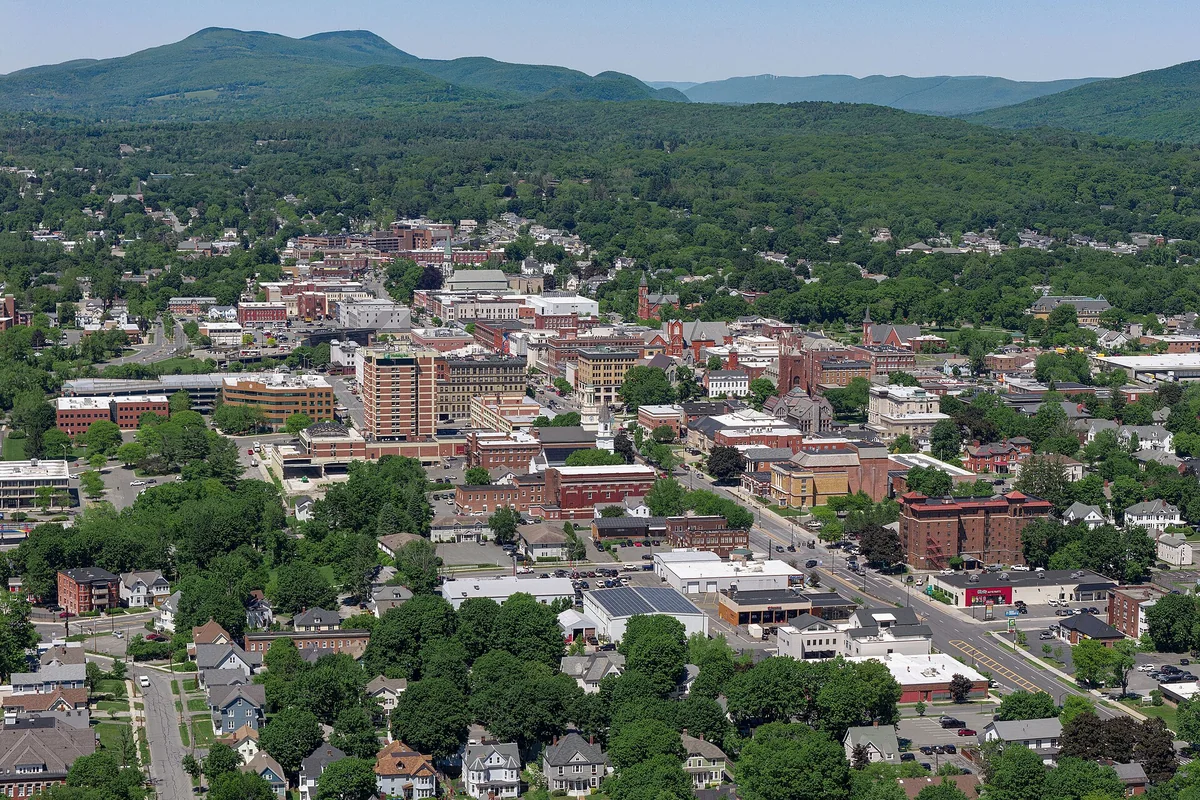 Aerial view of downtown Pittsfield, Massachusetts (pop. 43,927), the most populous city and county seat of Berkshire County