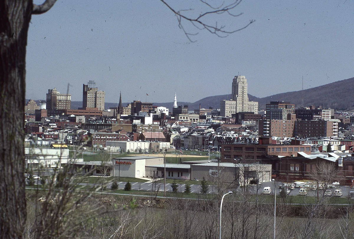 A Kodachrome slide of Reading, Pennsylvania’s skyline featuring the courthouse prominently developed in May, 1984