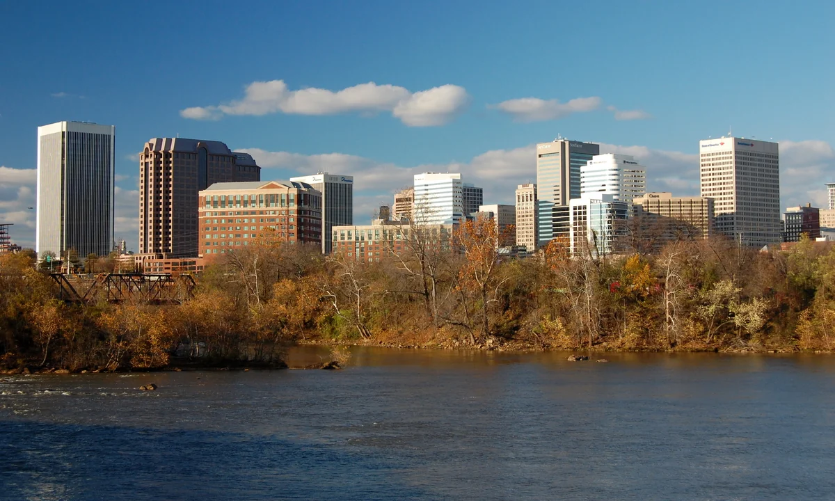 Skyline of Richmond, Virginia with the James River in the foreground