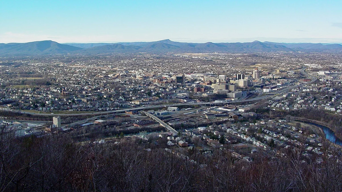 The city of Roanoke, Virginia as seen from Mill Mountain Park on the afternoon of January 7, 2003