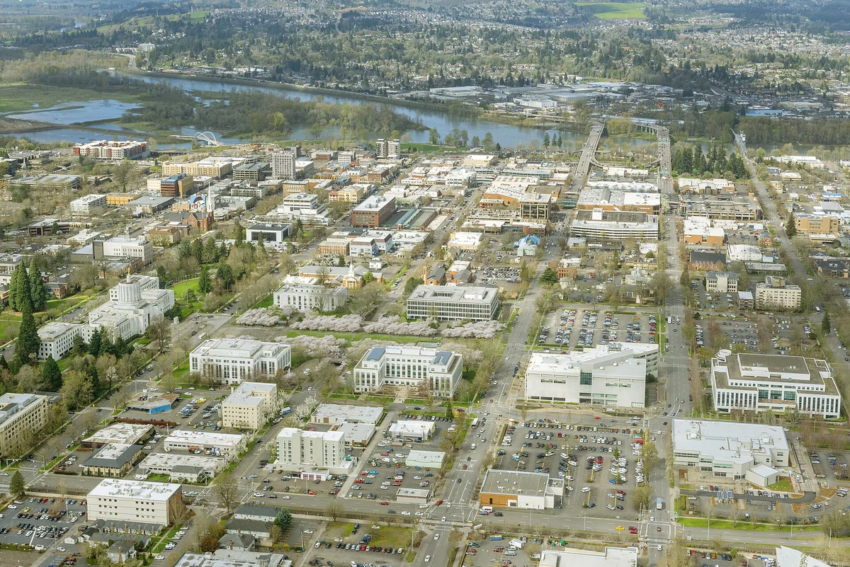 An aerial image of Salem, Oregon, on March 31, 2017, looking west from the capitol mall over downtown to West Salem