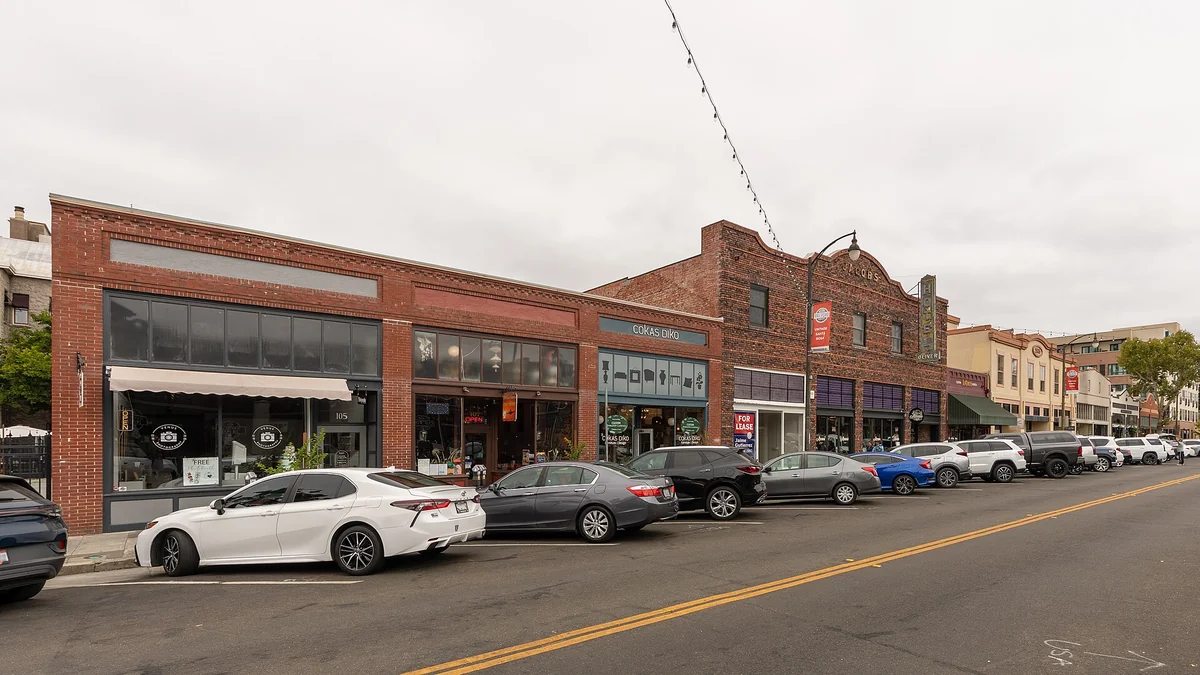 Shops on 4th street of Railroad Square Historic district in Santa Rosa, CA