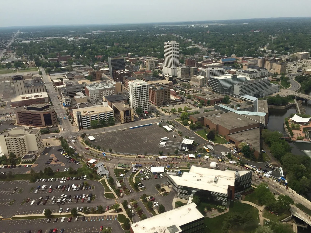 An Aerial photo of Downtown South Bend from above the river