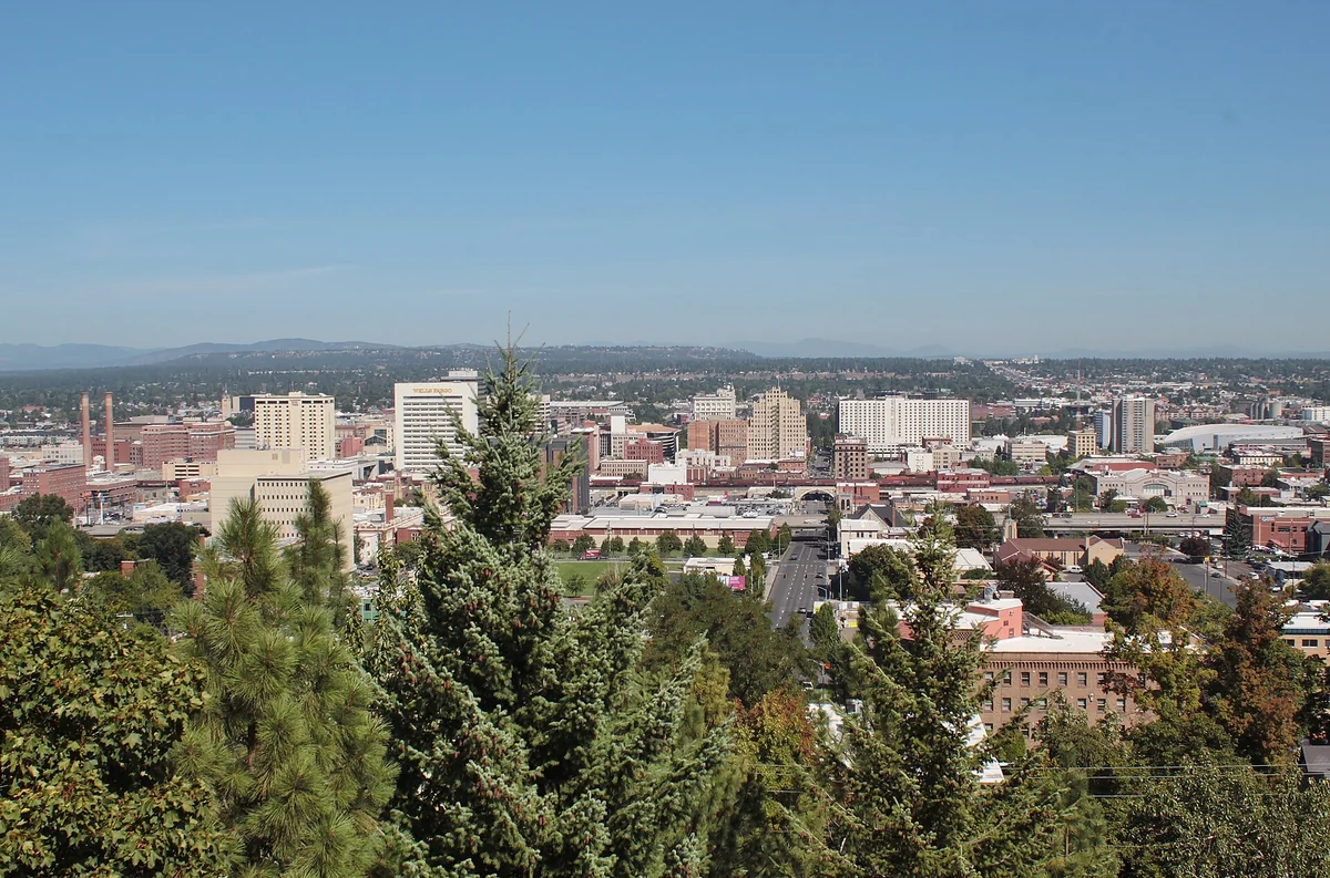 The downtown skyline of Spokane, the second largest city in the state of Washington, as seen from above Edwidge Woldson Park