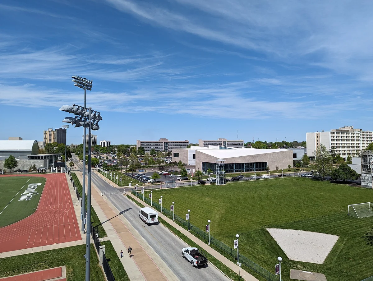 An arial view of a part of the Missouri State University Springfield Campus, taken from a terrace of Glass Hall