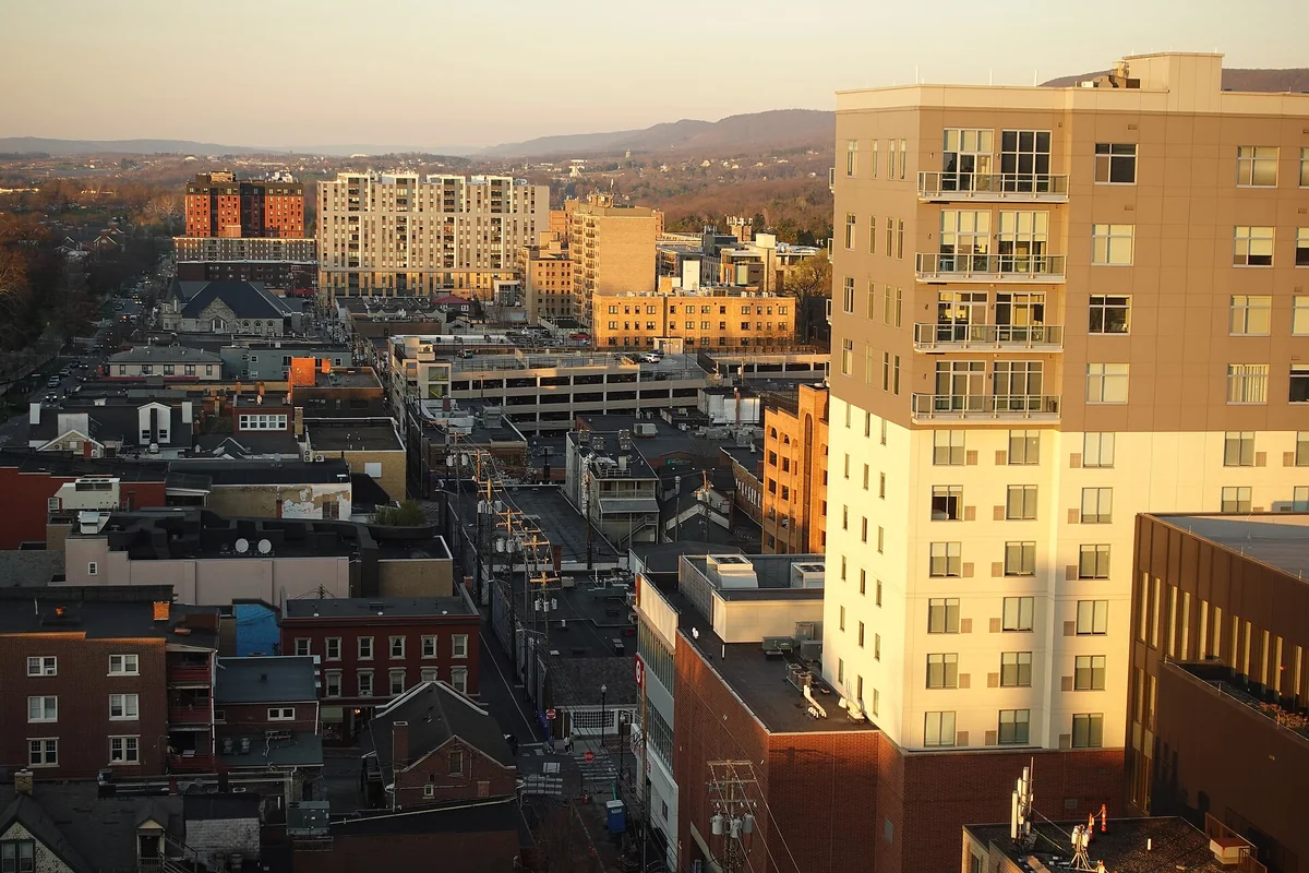 View of Calder Way in Downtown State College from above with Mount Nittany in the background