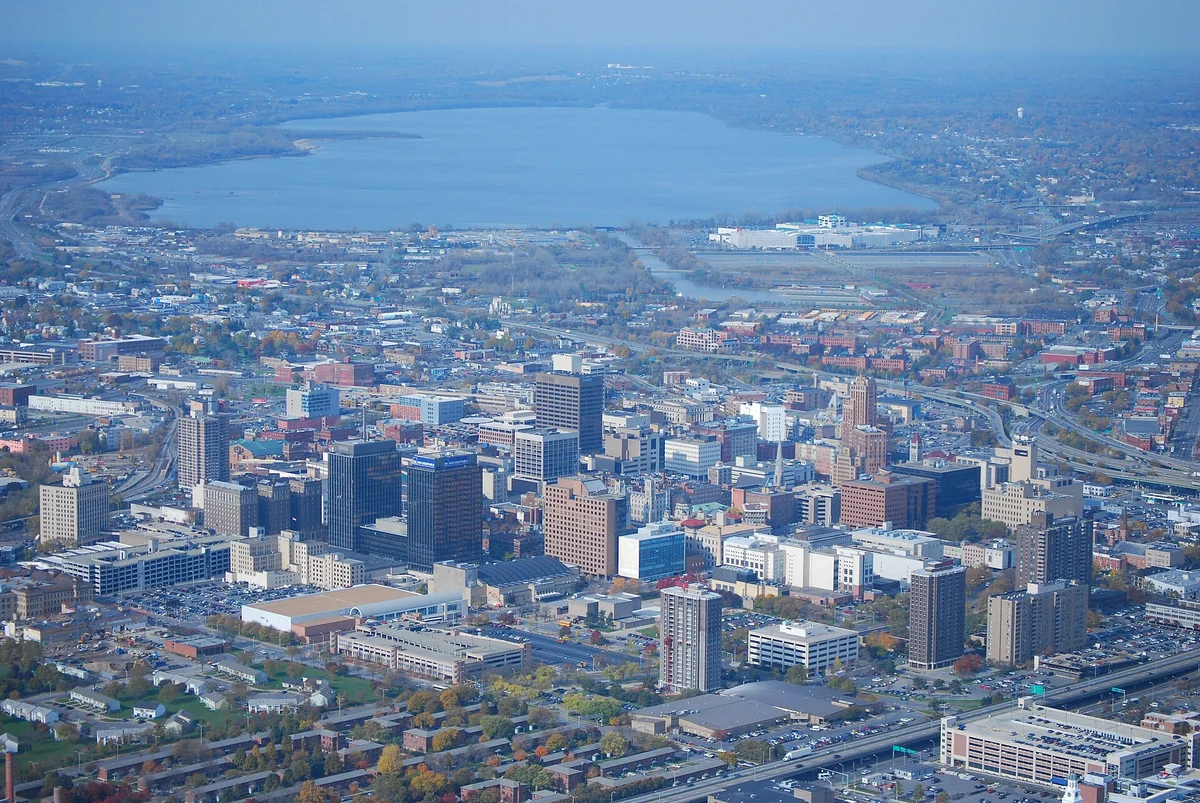 Downtown Syracuse, New York from helicopter