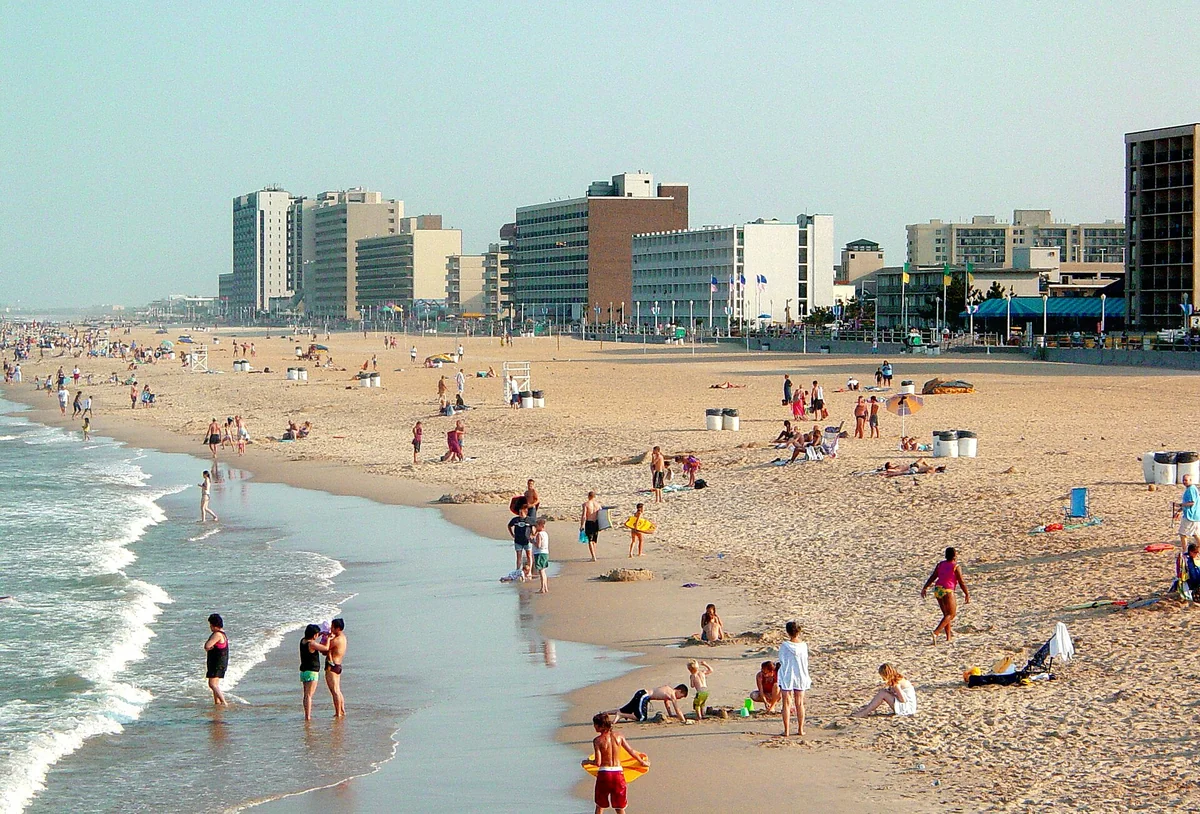 One of the best places to travel, The Virginia Beach oceanfront, boardwalk, and hotels as seen from the Fishing Pier