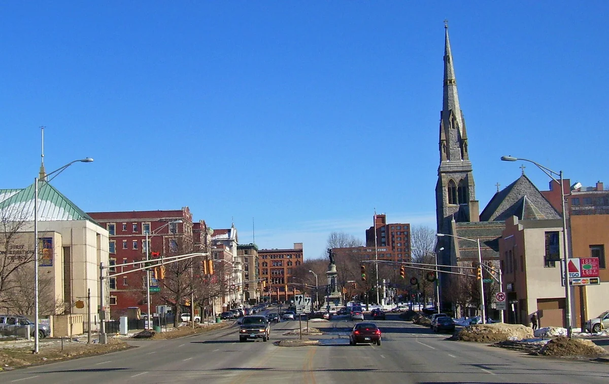 View east along Grand Street into center of downtown Waterbury, CT, USA