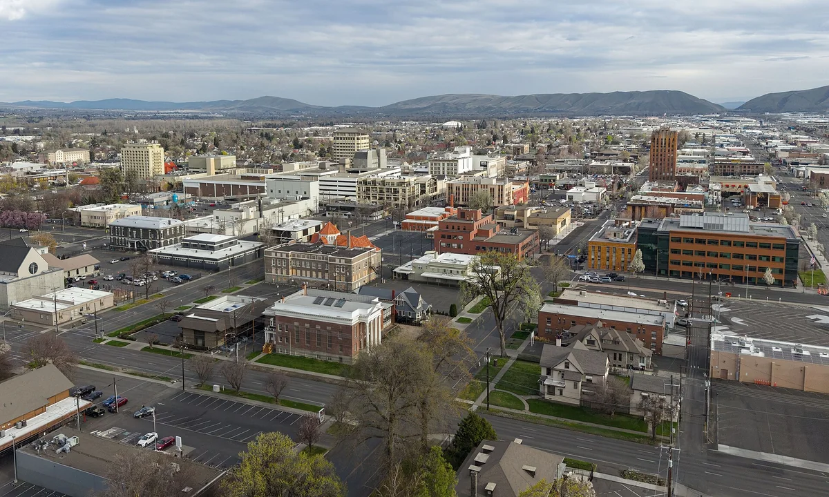Skyline of downtown Yakima, Washington (pop. 96,968), the county seat of Yakima County